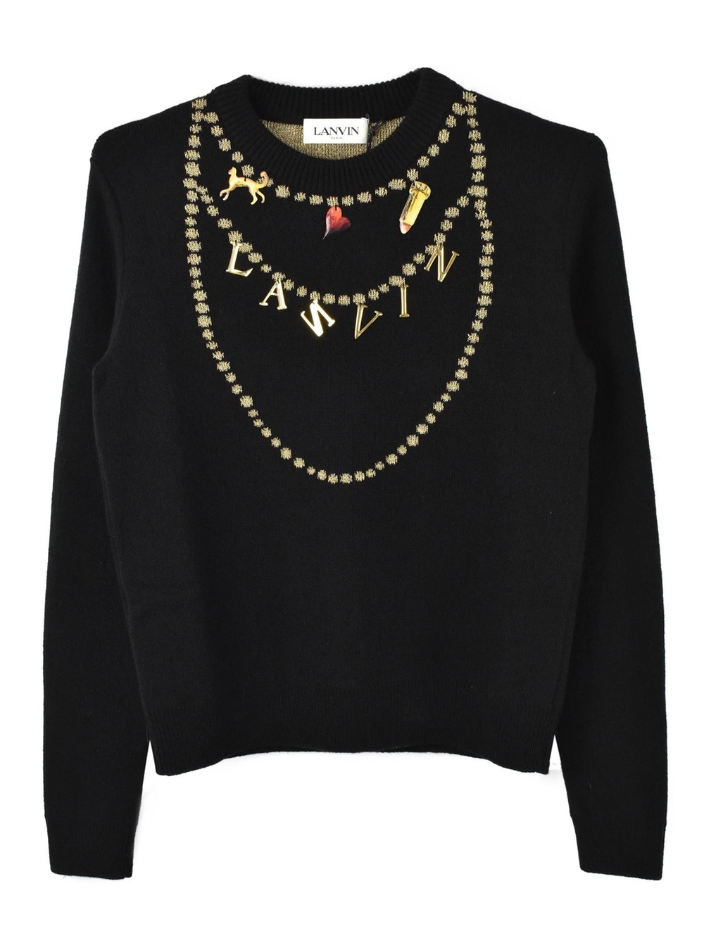 Lanvin Cream Cashmere & Wool Knit Logo Charm Detail Sweater NWT